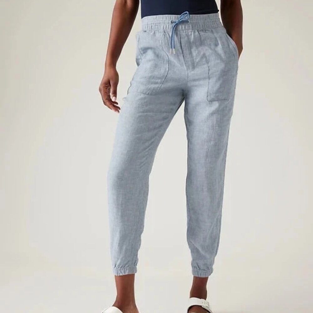 Athleta Retreat Linen Jogger Pants Chambray Blue Size 12